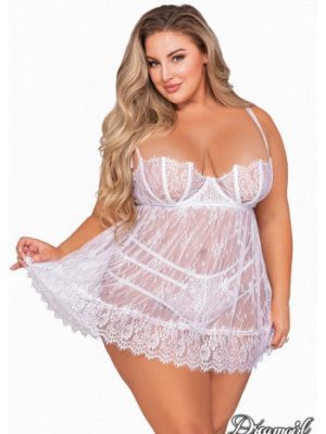 Eyelash Lace Babydoll & G-String 12186 - White