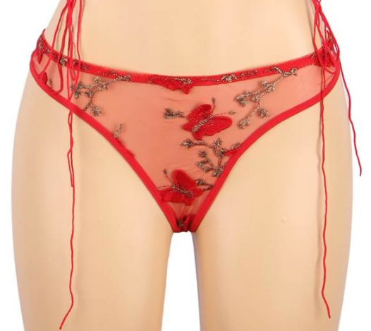 Butterfly Pattern Embroidery Mesh Cheeky Panty 1023P - Red