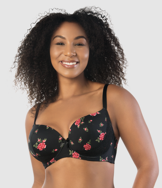 Casey (SC) Plunge T-Shirt Bra 2801 - Black with Rose Print